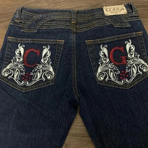Womens Dark Blue Embroidered Pocket Jeans